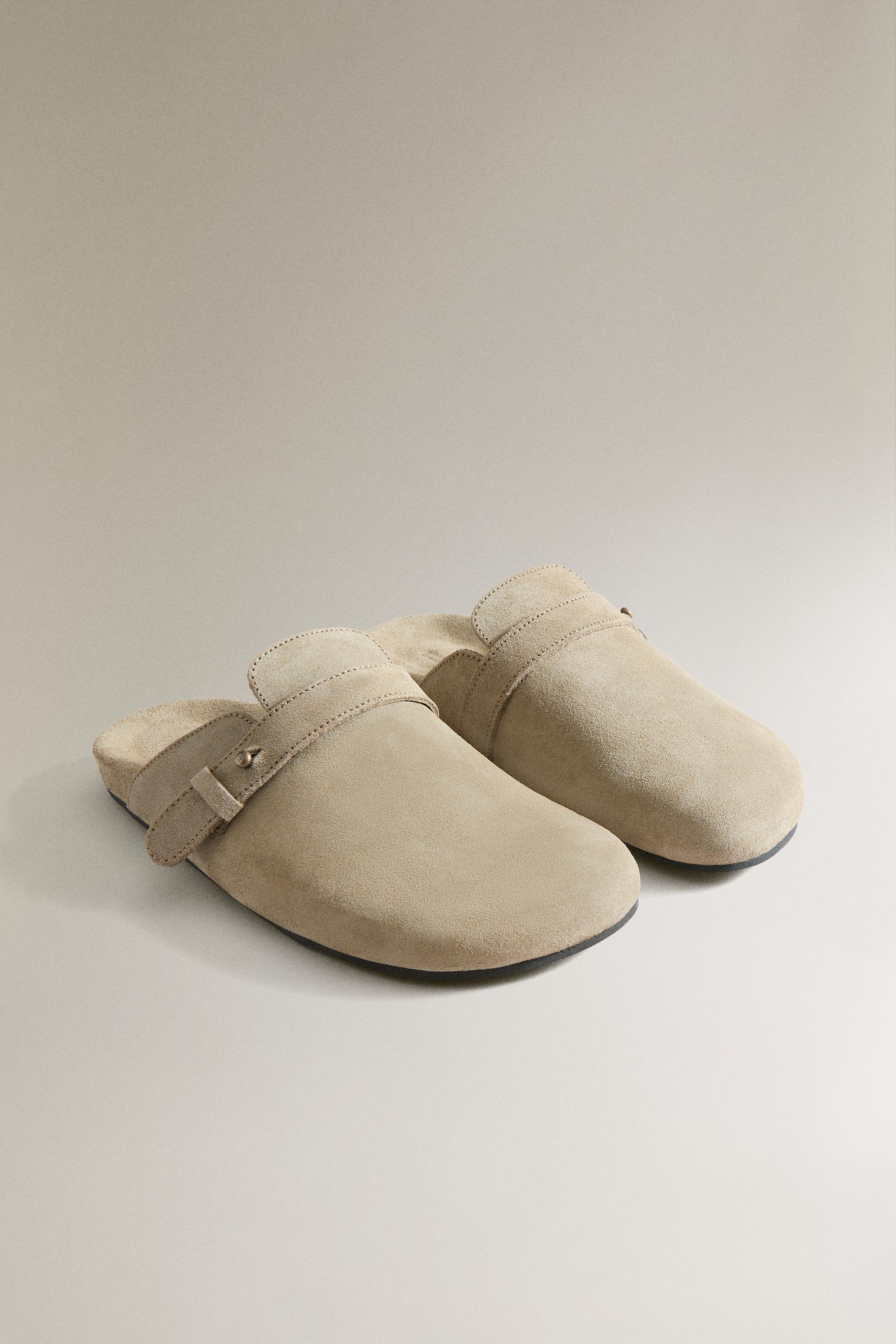 LEATHER MULE CLOG SLIPPERS WITH STRAP DETAIL — Taupe Gray