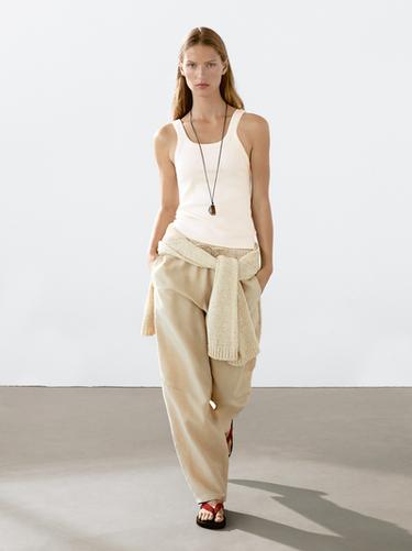 Zara Cotton blend round neck top - Beige - Image 0