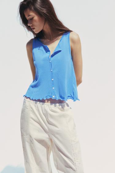 Zara RUFFLED KNIT TOP - Blue - Image 0