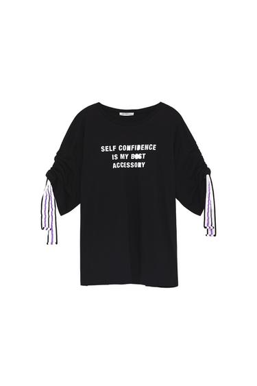 SLOGAN T-SHIRT WITH GATHERED SLEEVES