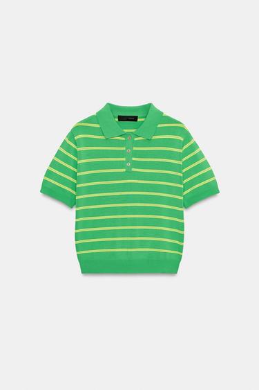 ストライプ半袖ニットポロシャツグリーンZaraのストライプ半袖ニットポロシャツ - グリーン 