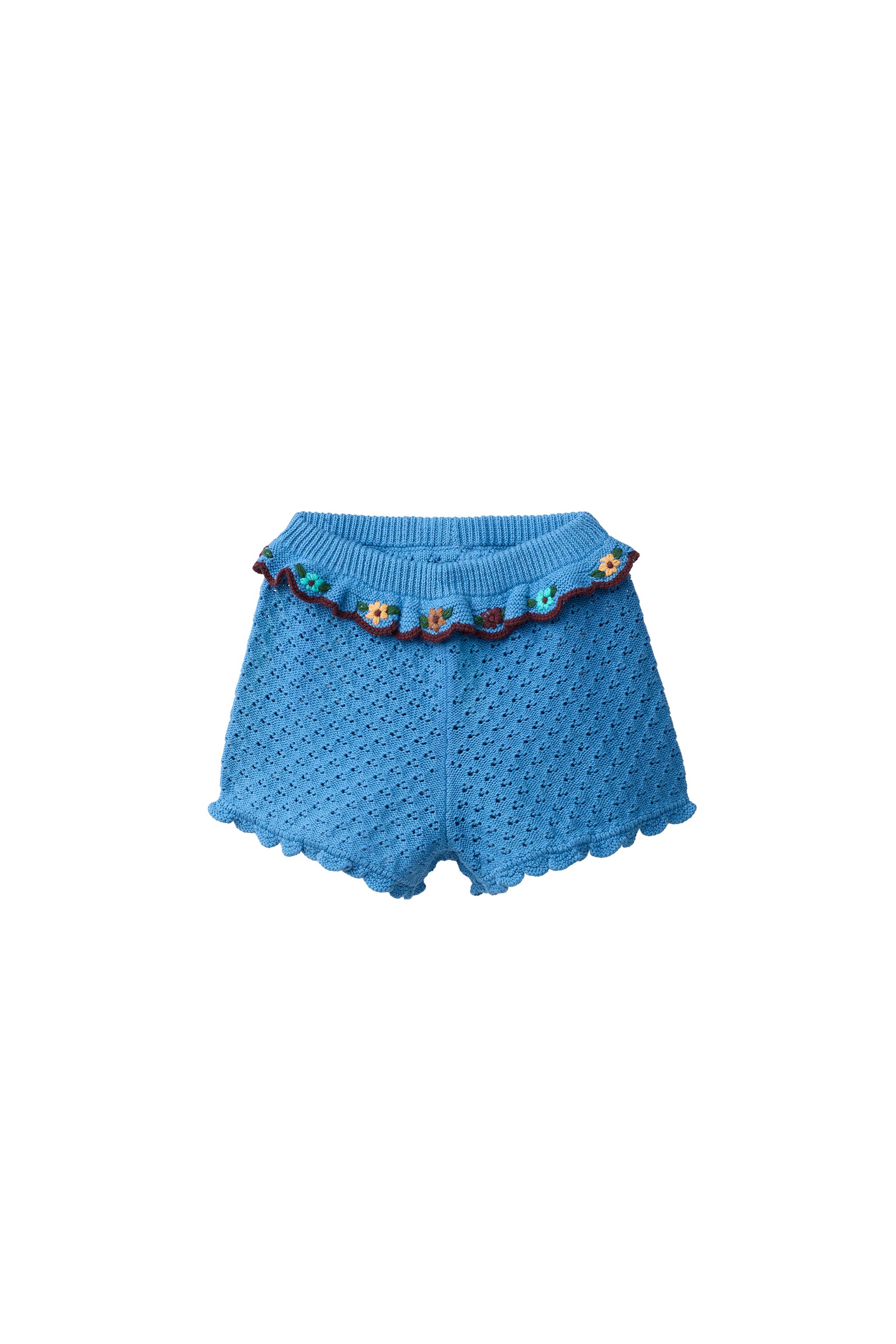 BERMUDA EN MAILLE À VOLANT ET BRODERIES COTON LIN