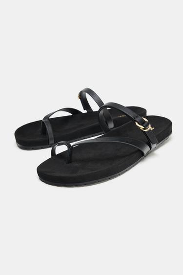 SANDALES PLATES À BRIDES EN CUIR - Noir de Zara - Image 3