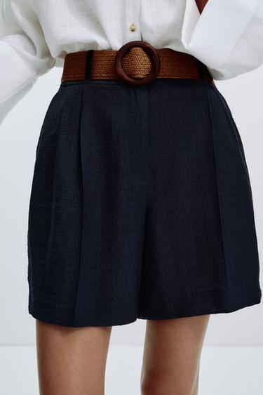 Zara PLEATED BELT SHORTS - Navy blue