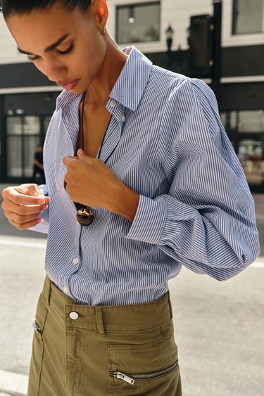 Zara STRIPED COTTON SHIRT - Ecru / Blue