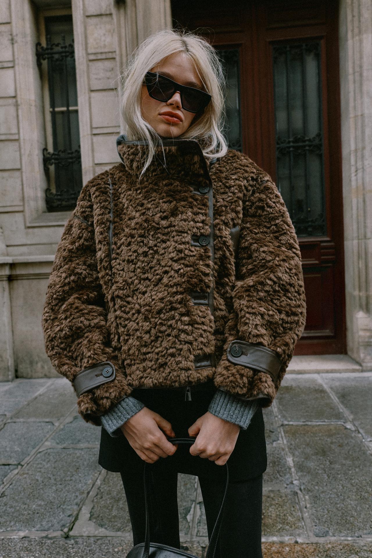 COMBINED FAUX FUR JACKET — Brown