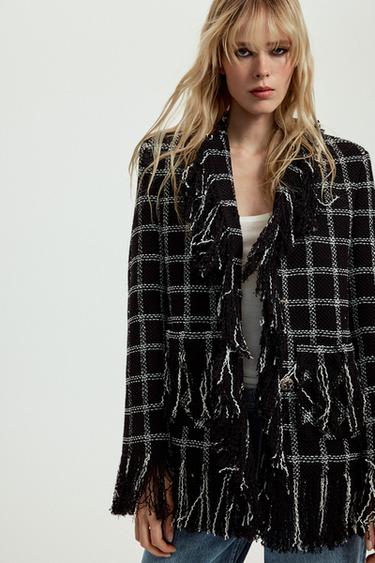 ZW COLLECTION CHECK FRINGE JACKET - Black / White by Zara
