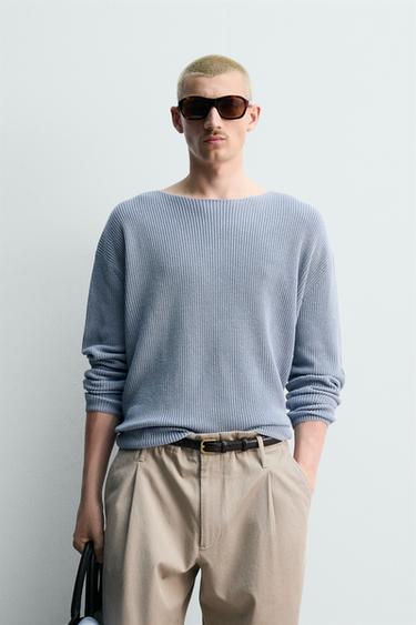 Zara 絲麻混紡結構針織衫 - 天藍色