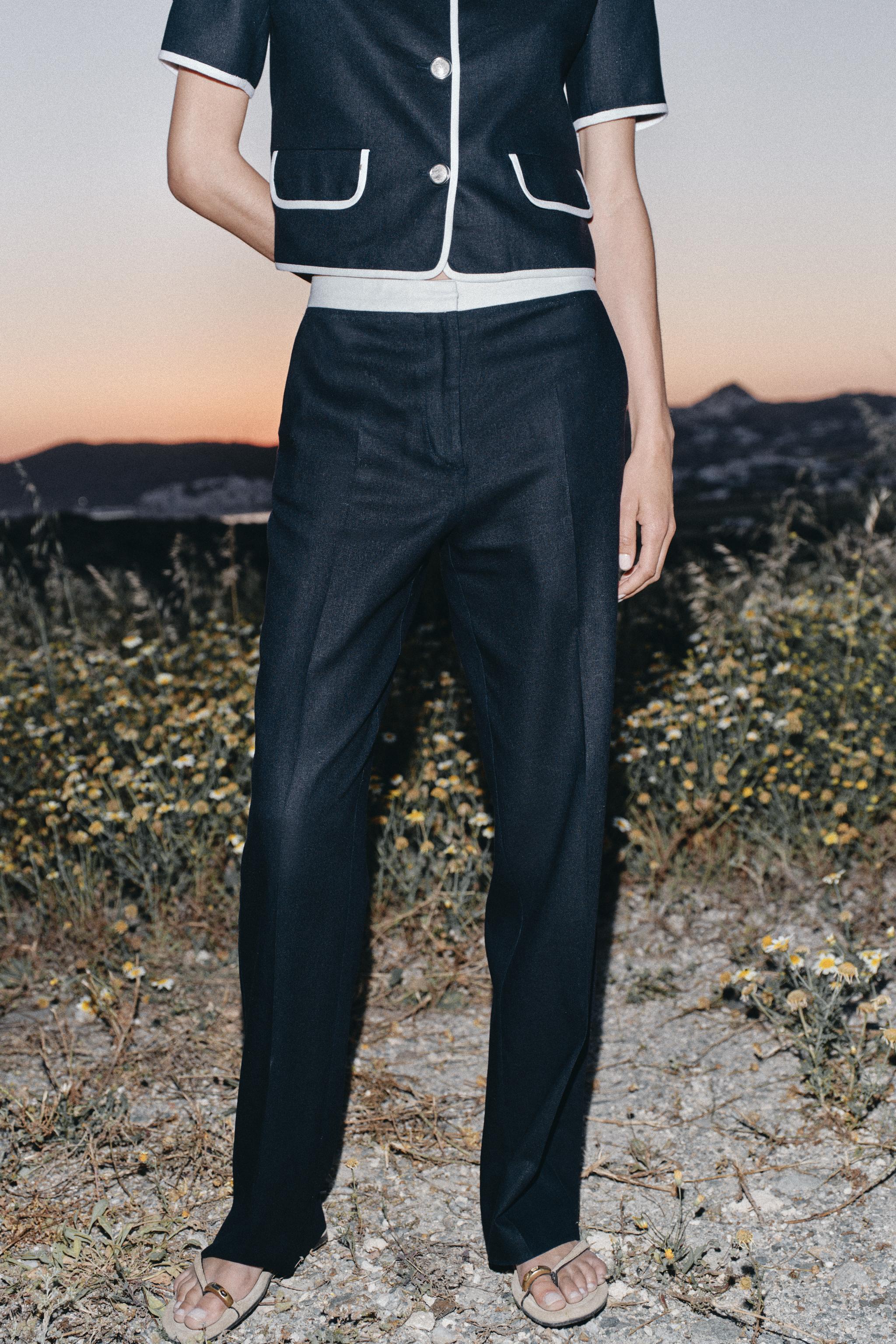 STRAIGHT LEG LINEN PANTS WITH CONTRAST WAIST