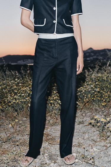 STRAIGHT-LEG LINEN BLEND TROUSERS WITH CONTRAST WAIST - Navy blue by Zara