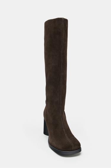 VELOURSLEDERSTIEFEL MIT ZIERNAHT - Schokoladenbraun von Zara