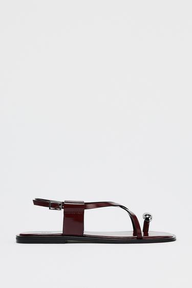 FLAT STRAPPY SANDALS WITH METAL ADORNMENT - Burgundy Red by Zara - Image 0