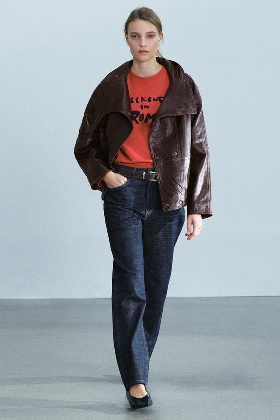 BLOUSON 100 % CUIR À COL MONTANT ZW COLLECTION - Marron de Zara - Image 4