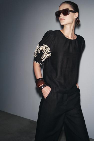 ZW COLLECTION EMBROIDERED LINEN BLEND TOP - Black by Zara