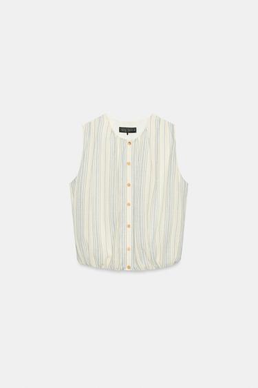 Zara STRIPED BALLOON BLOUSE - Ecru / Navy