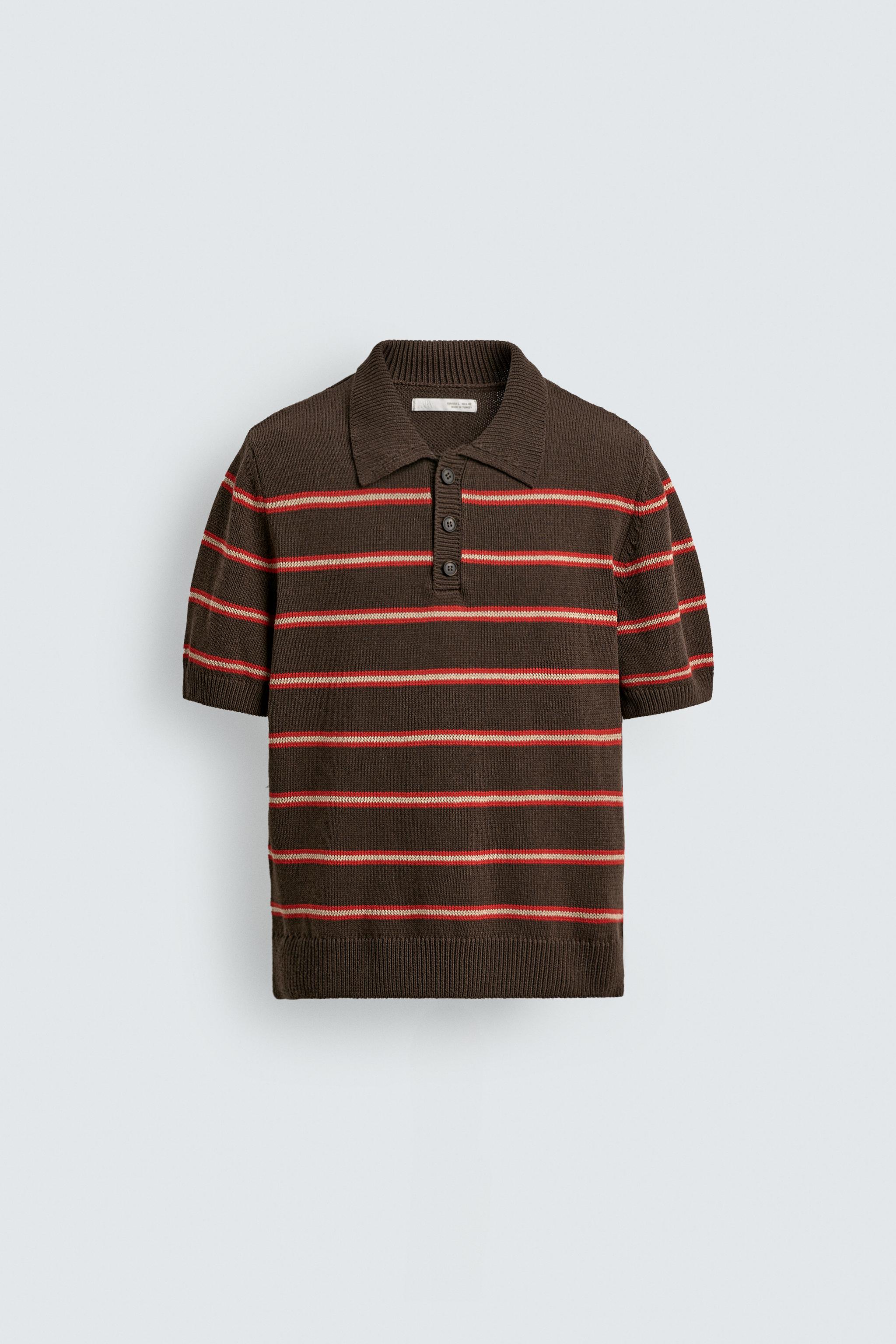 STRIPED JACQUARD KNIT POLO SHIRT — Brown