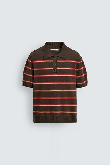 STRIPED JACQUARD KNIT POLO SHIRT - Brown by Zara