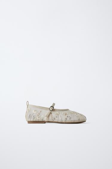 Zara EMBROIDERED BALLET FLATS - Off White - Image 0