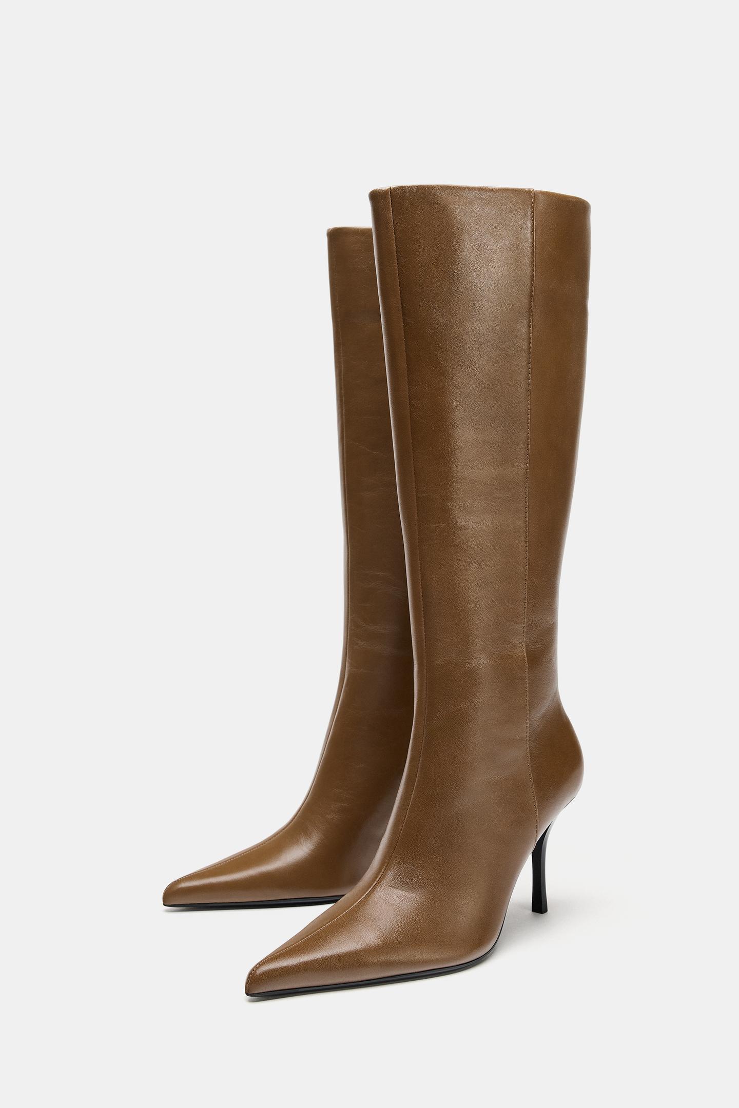 Женские ботинки Zara Leather Heeled, цвет: Песочный / Коричневый — фото 4