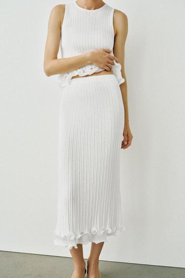 Zara DOUBLE-LAYER KNIT MIDI SKIRT - White