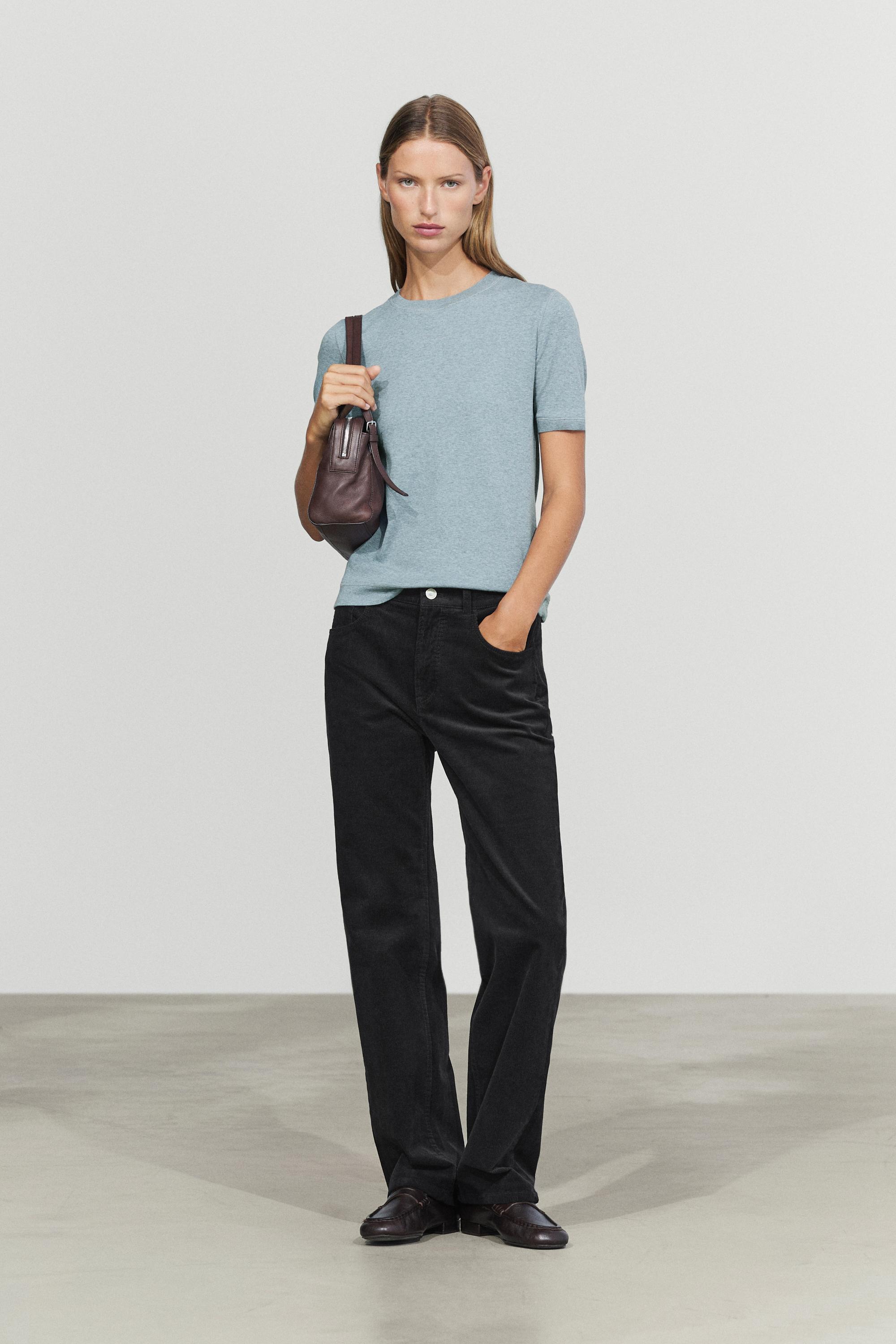 Mid-waist slim straight needlecord pants
