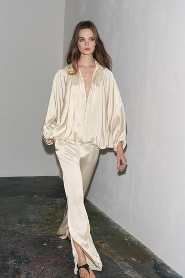 ZW COLLECTION SATIN TROUSERS WITH VENTS - Ivory by Zara