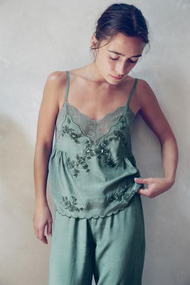 TOP TIRANTES BORDADOS ENCAJE - Azul agua de Zara - Imagen 0