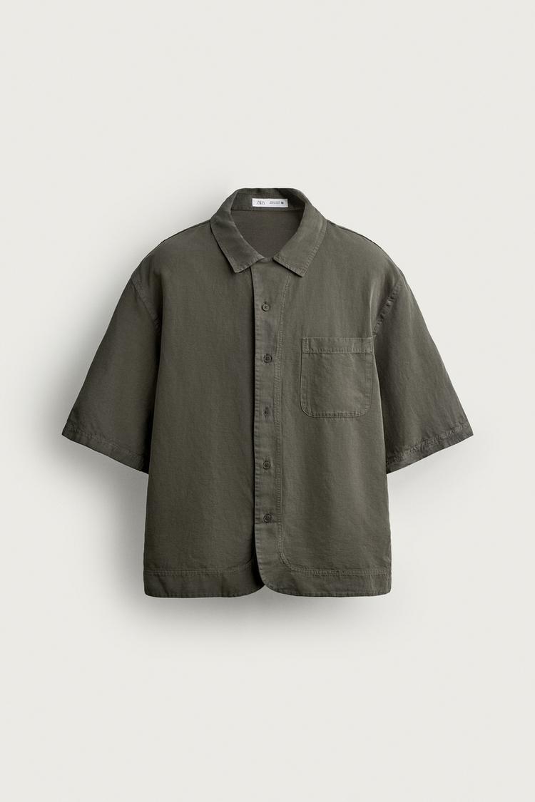 WASHED COTTON-LINEN SHIRT — DARK KHAKI