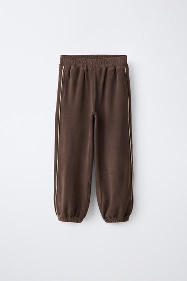 CONTRAST PIPING FLEECE LINED PANTS — Brown 2