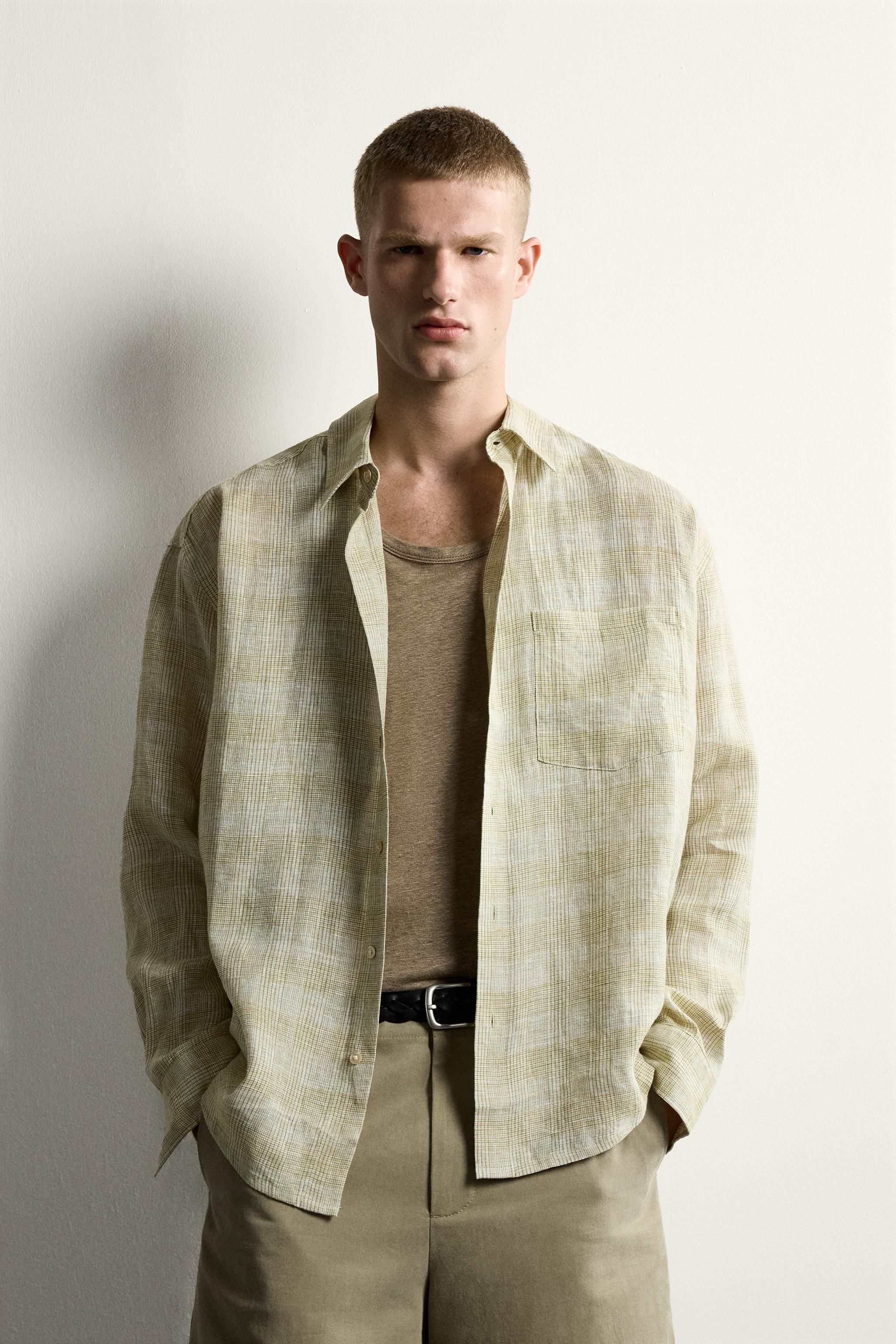 100% LINEN PLAID RELAXED FIT SHIRT — Greens