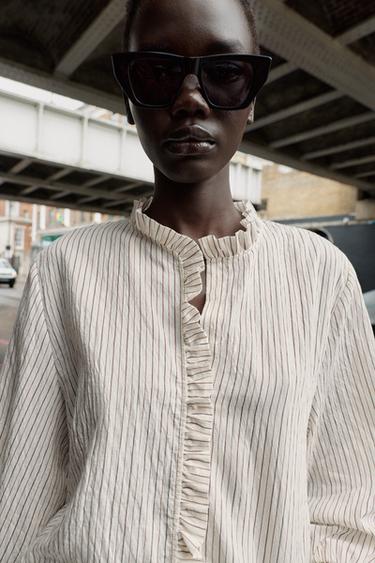 STRIPED SHIRT WITH RUFFLES - Ecru / Brown by Zara - Image 2