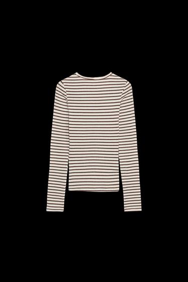 Zara STRIPED LONG SLEEVE T-SHIRT - Ecru / Brown