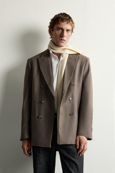 HOUNDSTOOTH DOUBLE-BREASTED BLAZER — Brown 2