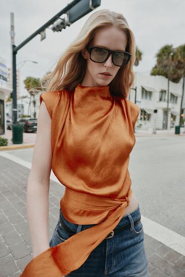 ÁO VẢI GIẢ SA TANH BUỘC DÂY - Màu cam nâu từ Zara