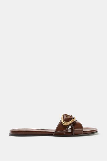 FLAT SANDALS WITH BUCKLE - Brown by Zara