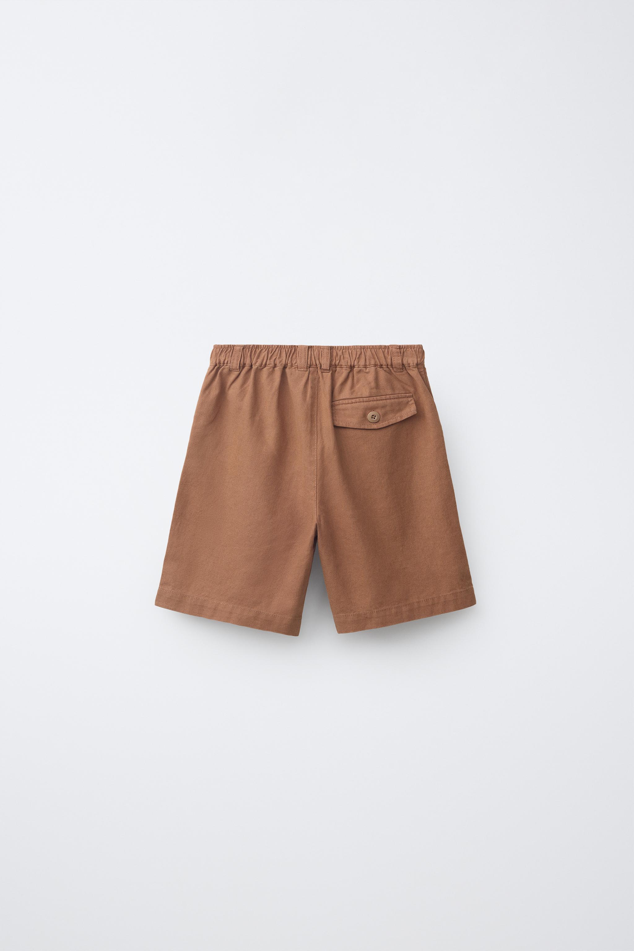 COTTON AND LINEN SHORTS — Caramel