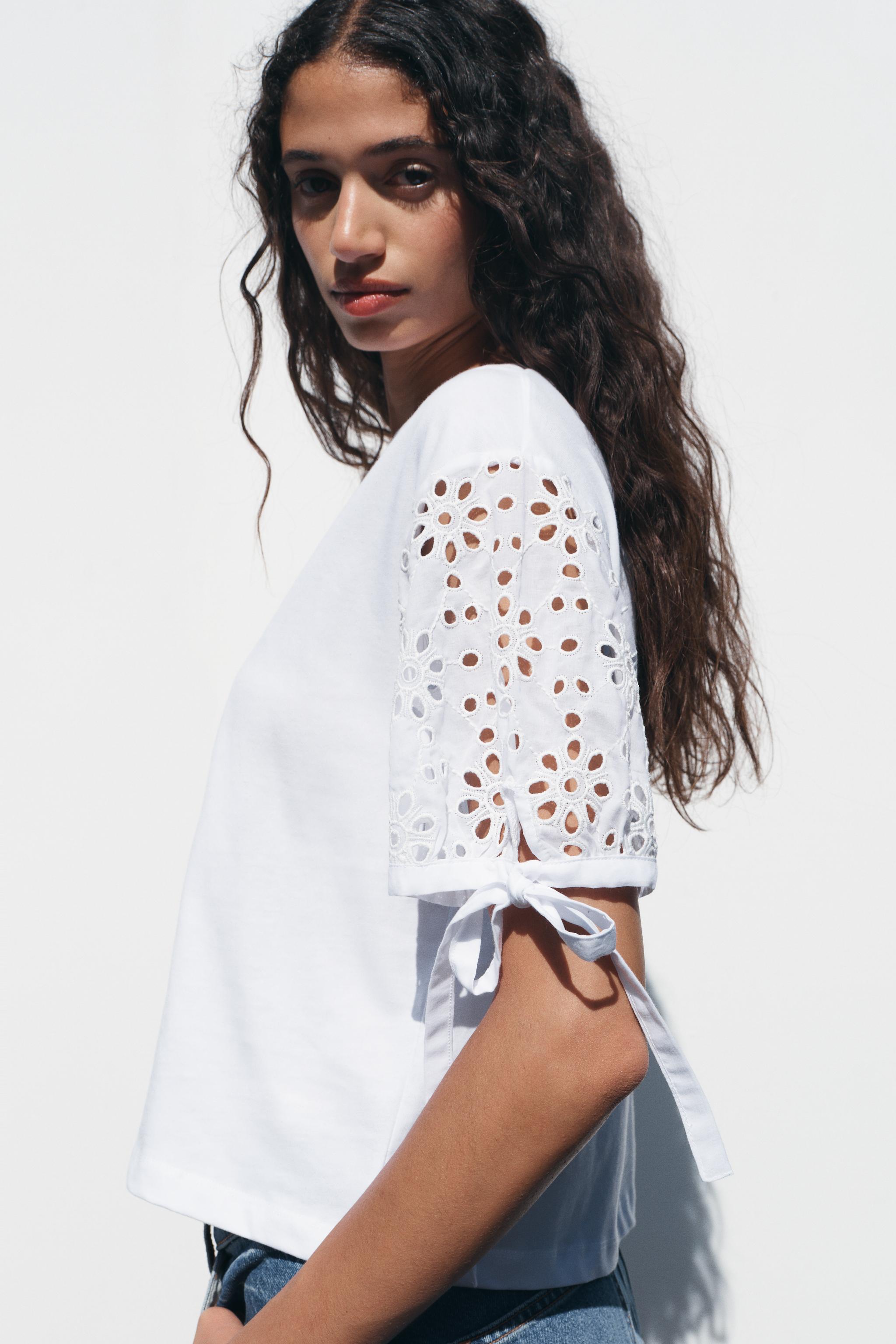 刺繍とリボン付きTシャツ - ホワイト | ZARA Japan / 日本