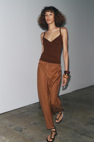 Zara ZW COLLECTION 100% LINEN MIDI SKIRT - Toffee
