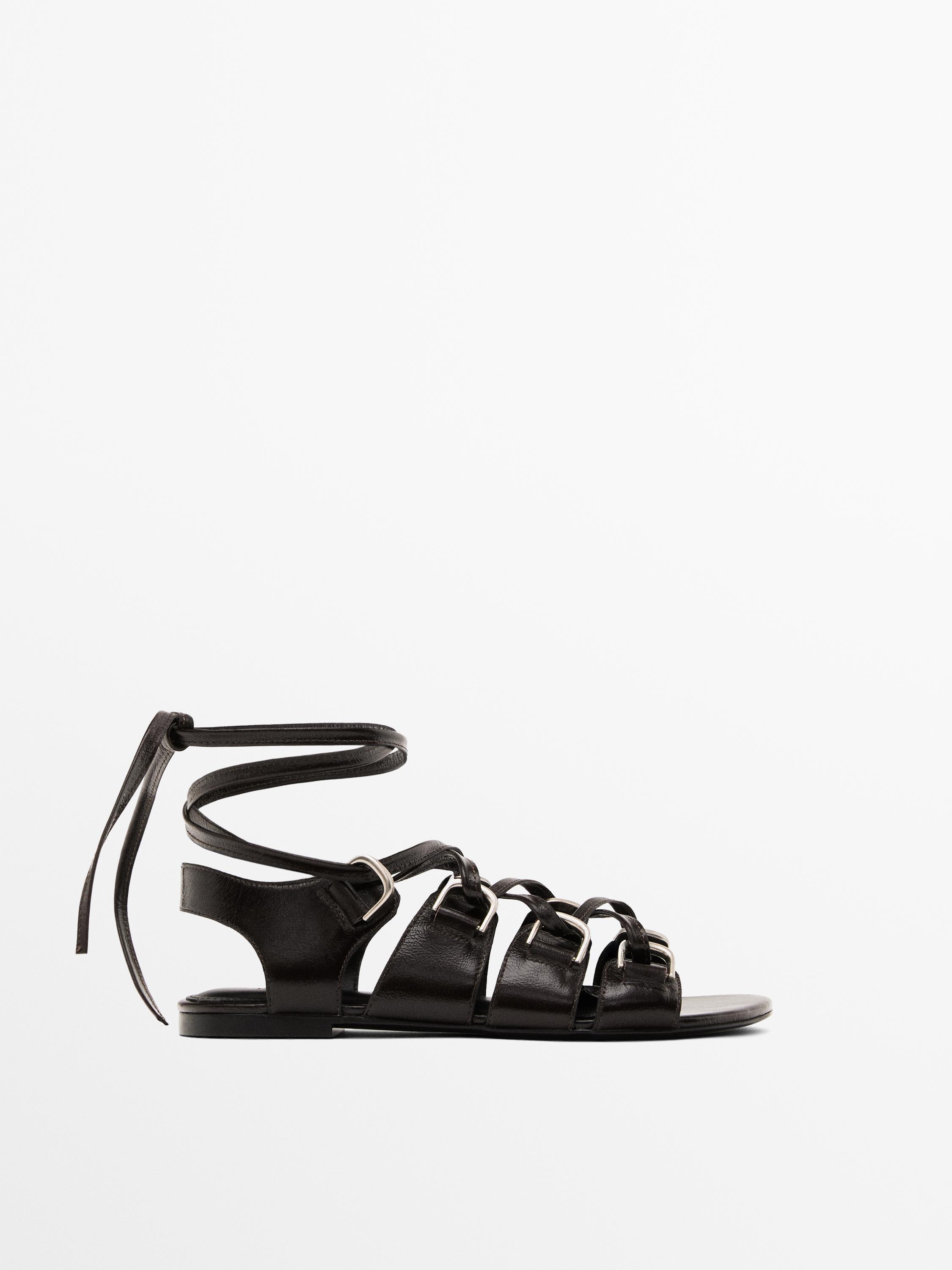 Zara Womens Black Strappy Rhinestone Slingback Flat Sandals