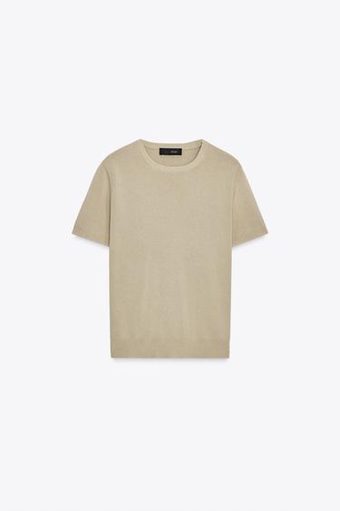 Zara SHORT SLEEVE BASIC KNIT TOP - Stone