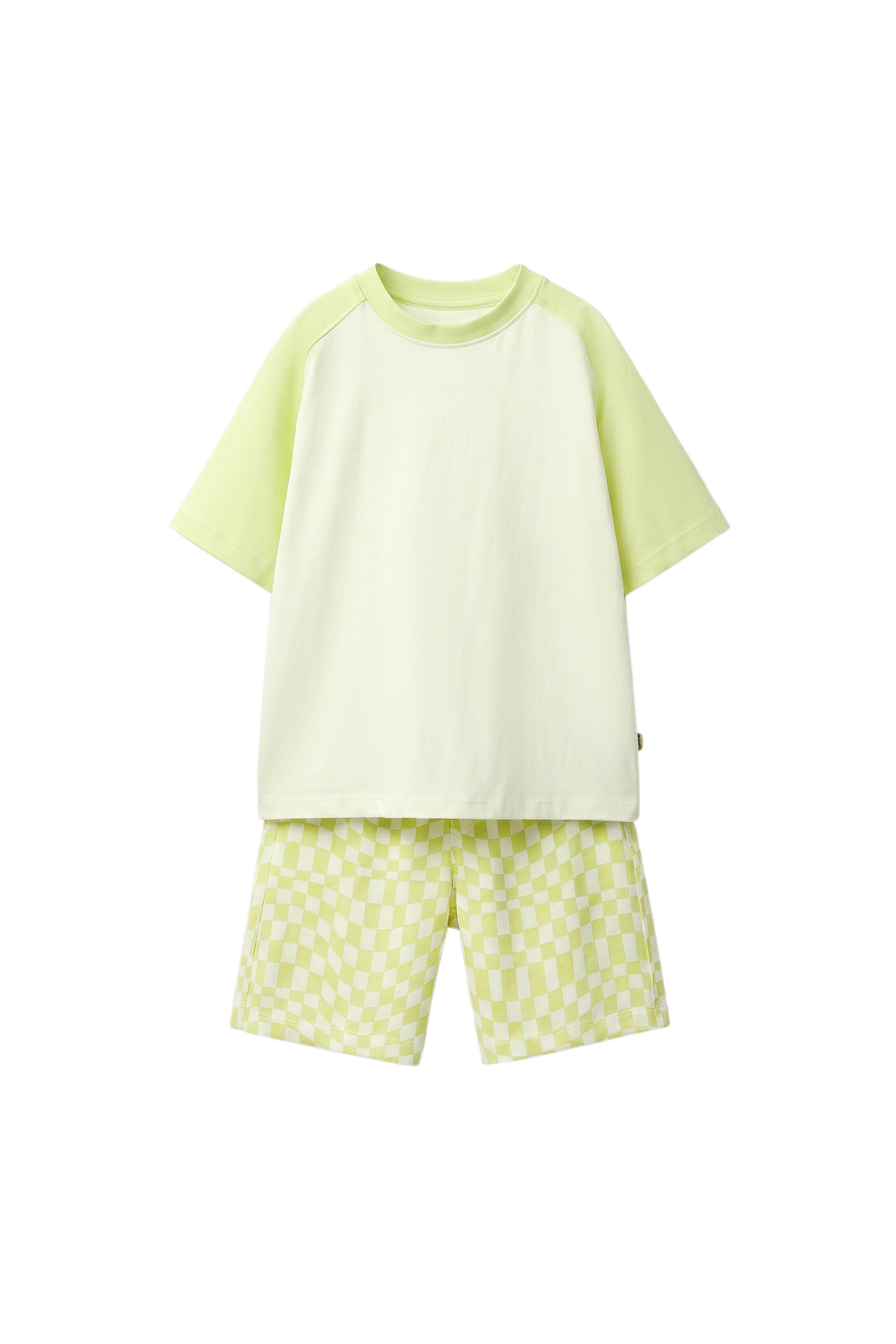 CHECKERBOARD T-SHIRT AND BERMUDA SET — Lime green
