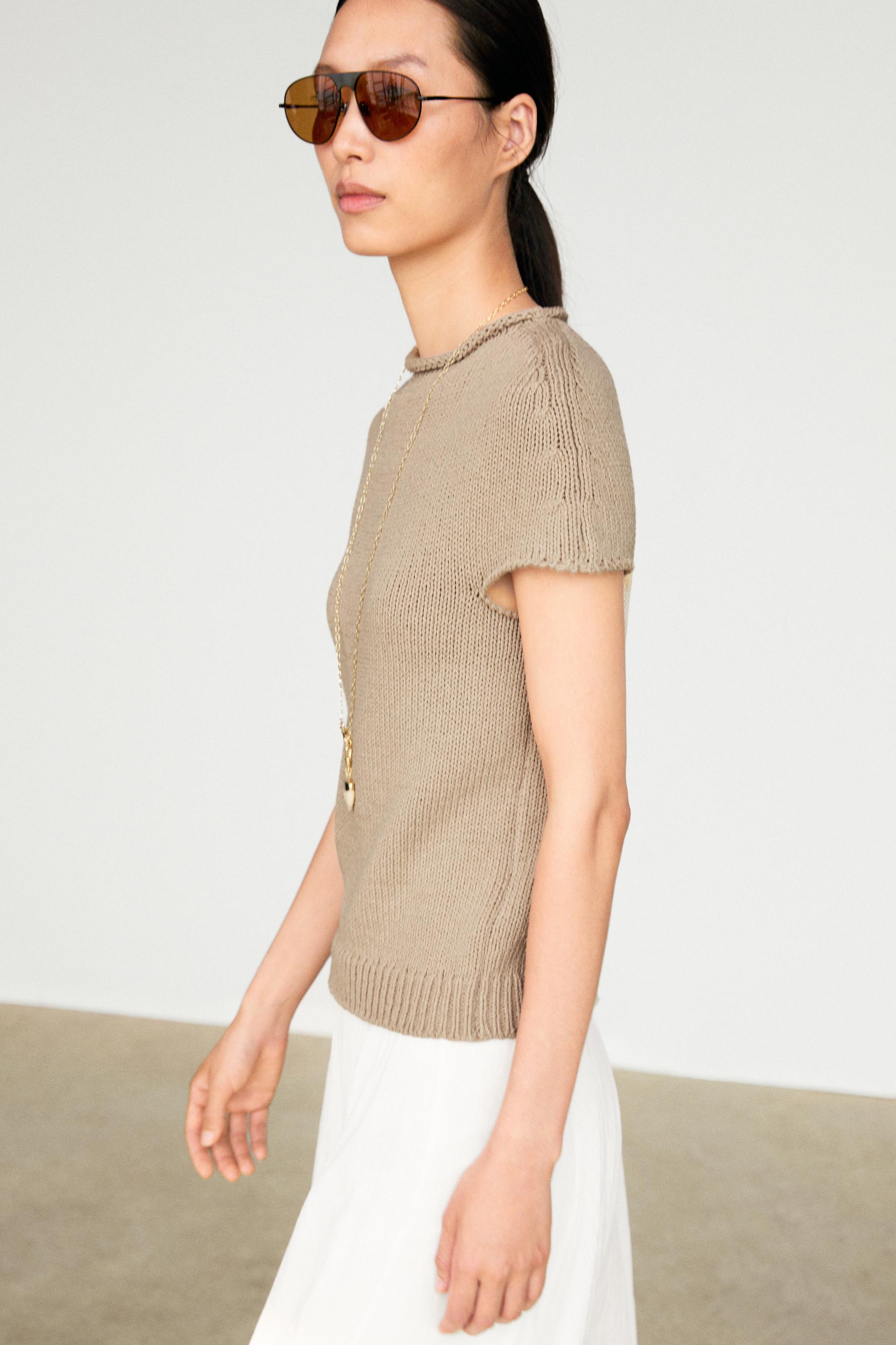 Cotton blend short sleeve rolled-neck sweater — Light beige