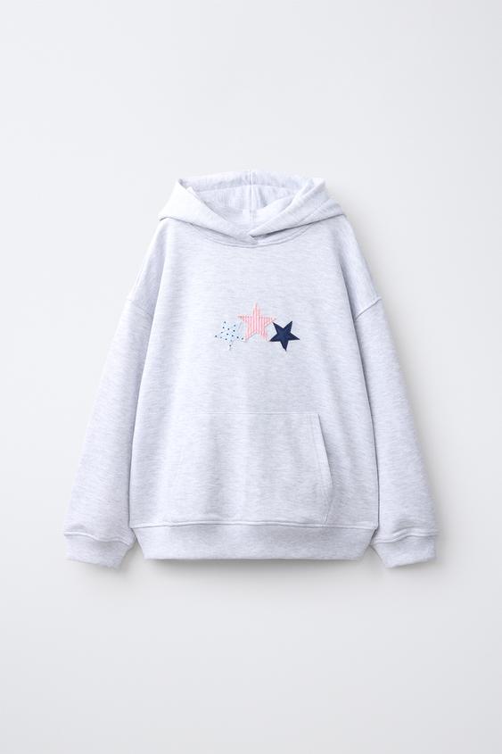 SWEAT À CAPUCHE ET PIÈCES ÉTOILES - Gris chiné de Zara - Image 0
