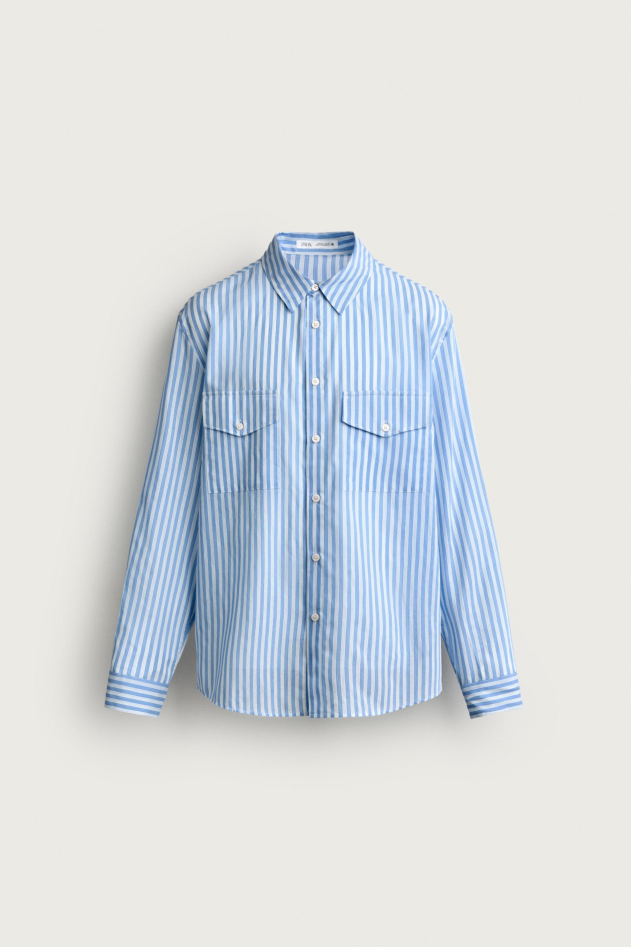 STRIPED FLOWY POCKET SHIRT — Blue / White