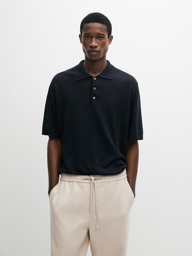 Zara Linen knit polo sweater - Navy blue