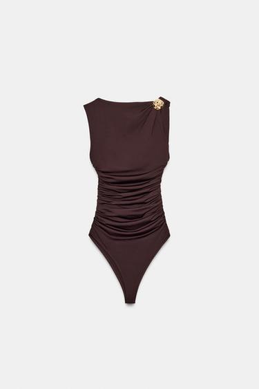 POLYAMIDE BODYSUIT WITH METALLIC DETAIL - Chocolate by Zara - Image 2