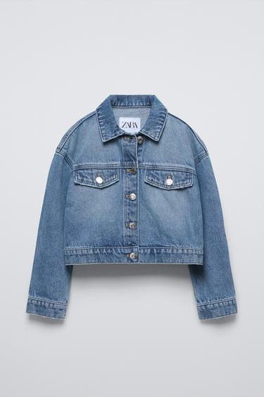 Zara CROPPED DENIM JACKET - Blue