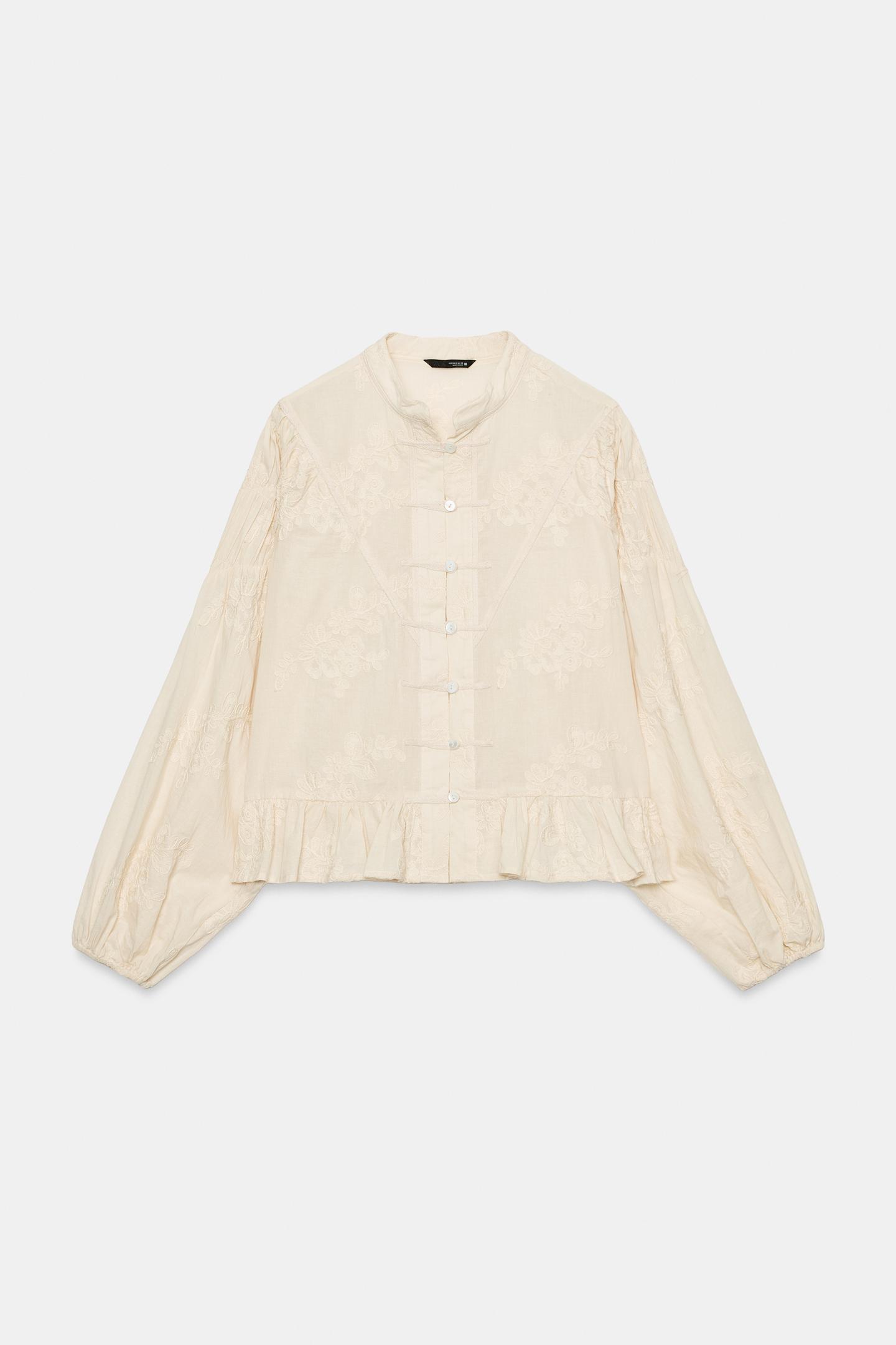 Женская блузка Zara Embroidered Frog Fastening Blouse, цвет: Экрю — фото 6