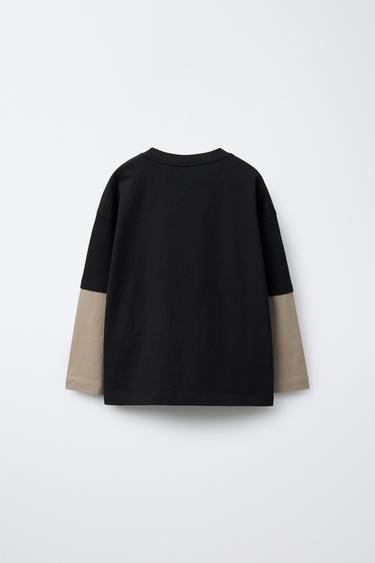 T-SHIRT À MANCHES DOUBLE ÉPAISSEUR AVEC INSCRIPTION - Noir de Zara - Image 1