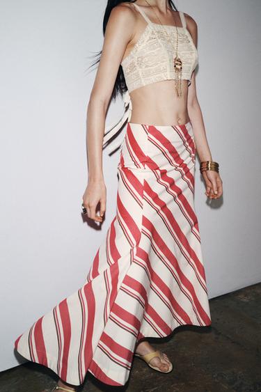 Zara STRIPED ASYMMETRIC SKIRT ZW COLLECTION - Red / White